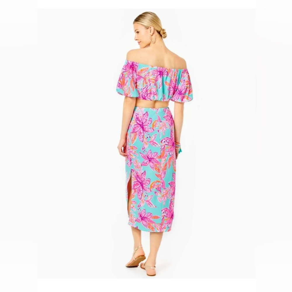 Lilly Pulitzer Esmeray Crop Top & Midi Skirt Set Surf Blue Bonita Blooms Resort - Picture 15 of 16